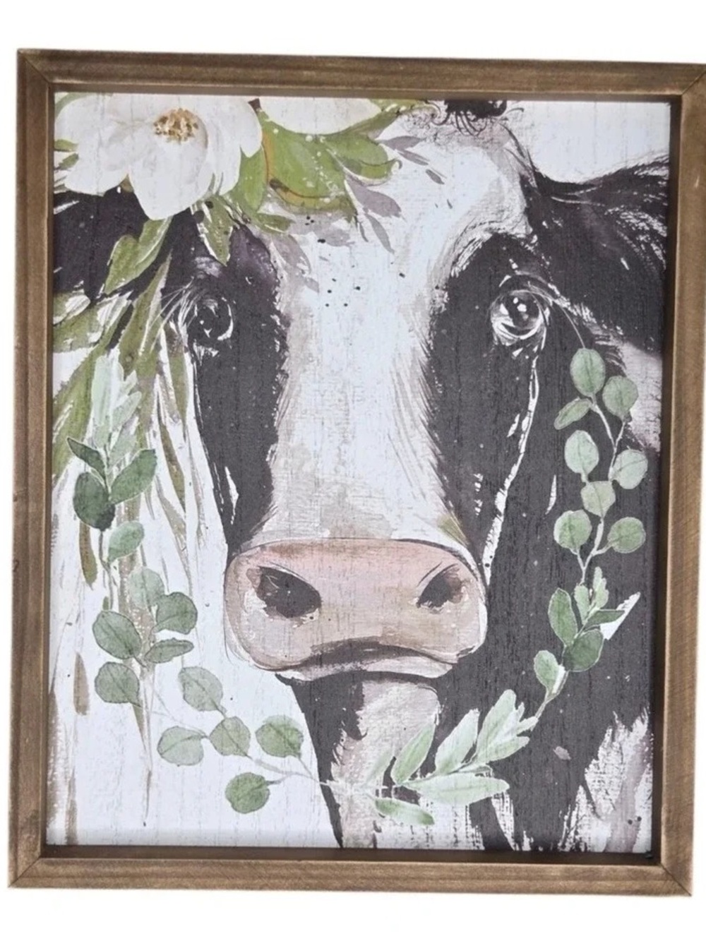 Framed Rustic Cow Canvas Wall Art - Black & White with Green Accents